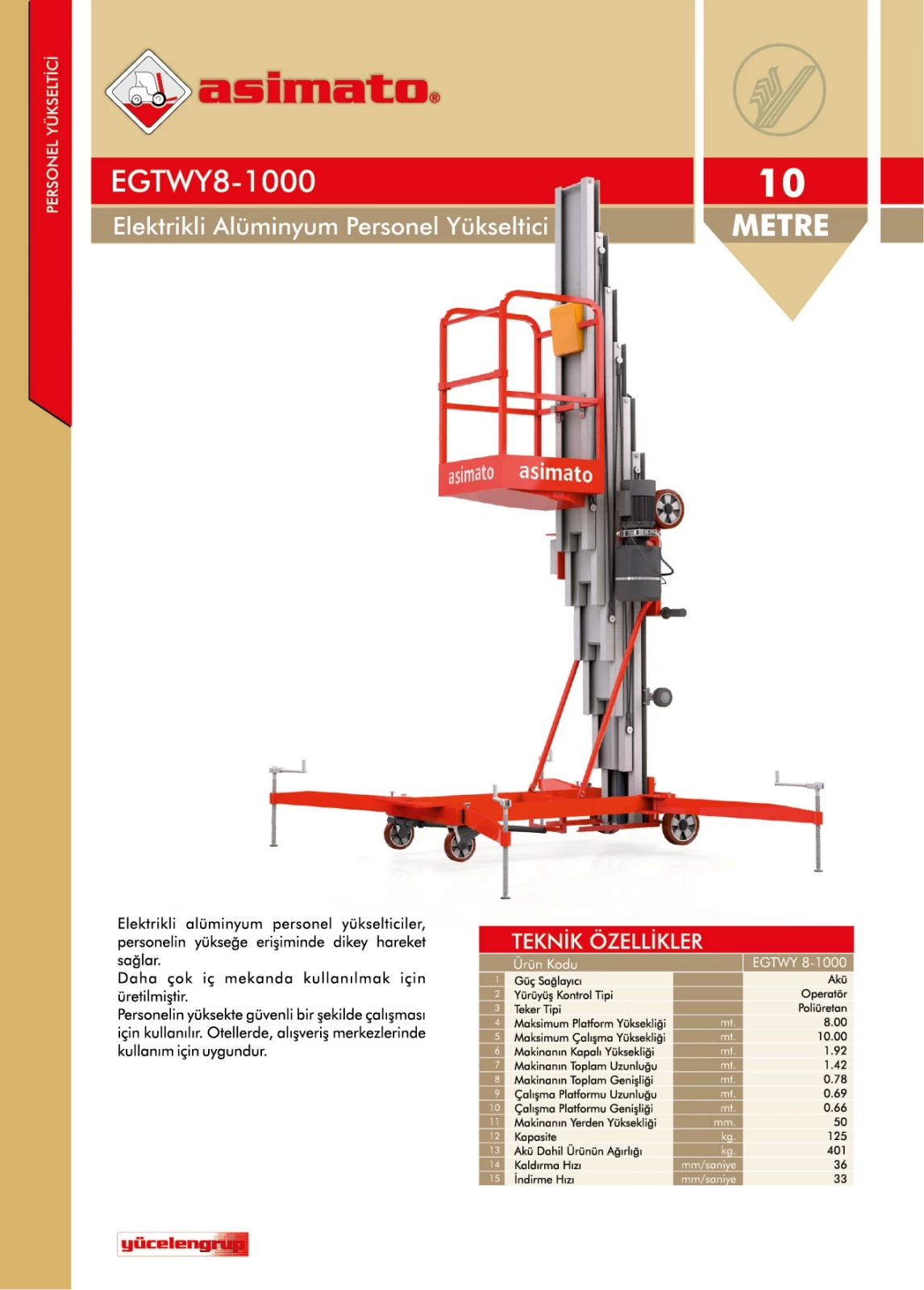EGTWY8 Elektrikli Tek Direk Personel Yükseltici